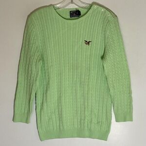 American Living Sweater Womens Large Green Cable Knit Eagle Button Shoulder